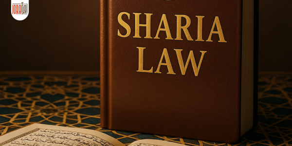 Leather-bound book titled Sharia Law with gold embossing and Islamic crescent symbol, placed beside an open Quran on a geometric-patterned surface